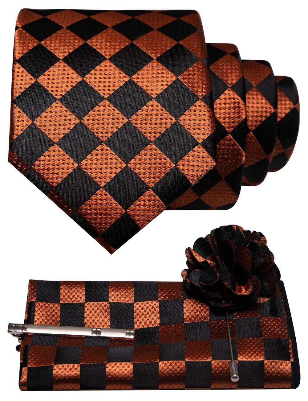 2335 Rust Plaid Tie and Lapel Pin Necktie Pocket Square with Tie Clip Sets